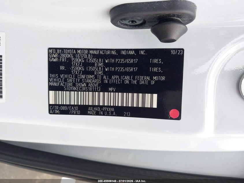 2024 Toyota Sienna VIN 5TDYRKEC3RS181113 IAAI salvage auction — REAR END, Salvage (California), sold $18,775 on 2026-07-30 (photo 9)
