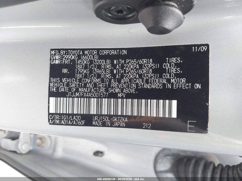 2010 Lexus Gx VIN JTJJM7FX4A5001577 IAAI salvage auction — FRONT END, Salvage (Texas), sold $25 on 2026-07-21 (photo 9)