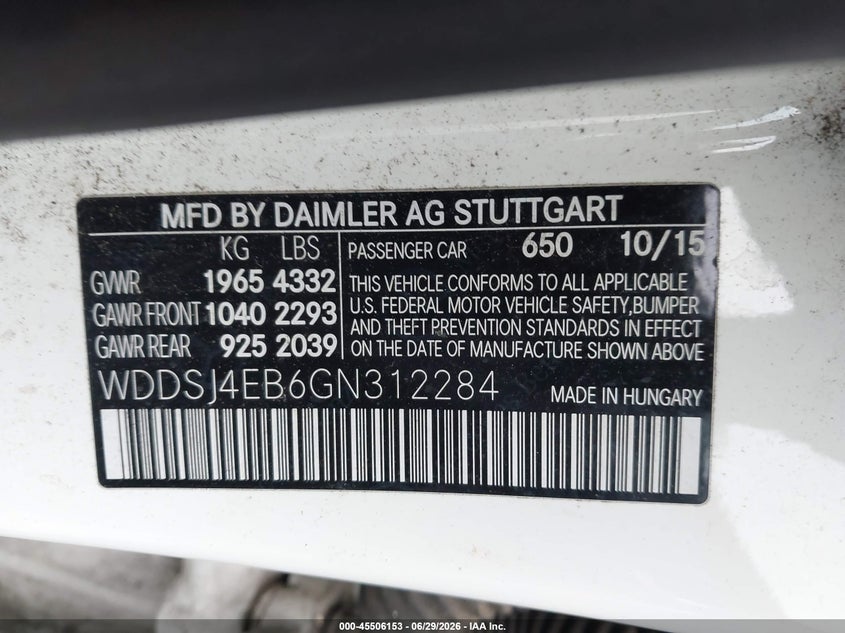 2016 Mercedes-benz Cla-klasse VIN WDDSJ4EB6GN312284 IAAI salvage auction — FRONT & REAR, Clear (Washington), sold $600 on 2026-07-15 (photo 9)