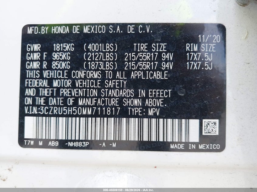2021 Honda Hr-v VIN 3CZRU5H50MM711817 IAAI salvage auction — FRONT END, Salvage Title, sold $2,400 on 2026-07-31 (photo 9)