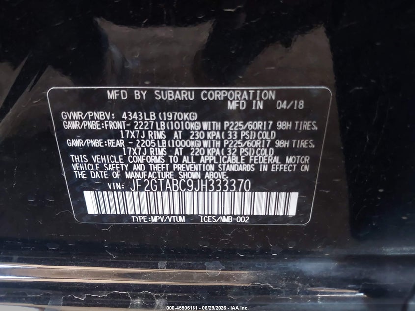 2018 Subaru Crosstrek VIN JF2GTABC9JH333370 IAAI salvage auction — LEFT FRONT, Salvage (Arizona), sold $1,050 on 2026-09-07 (photo 9)