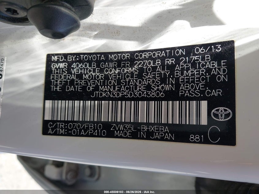 2013 Toyota Prius plug-in VIN JTDKN3DP5D3043806 IAAI salvage auction — LEFT REAR, App For Dup Clear (California), sold $5,300 on 2026-07-09 (photo 9)
