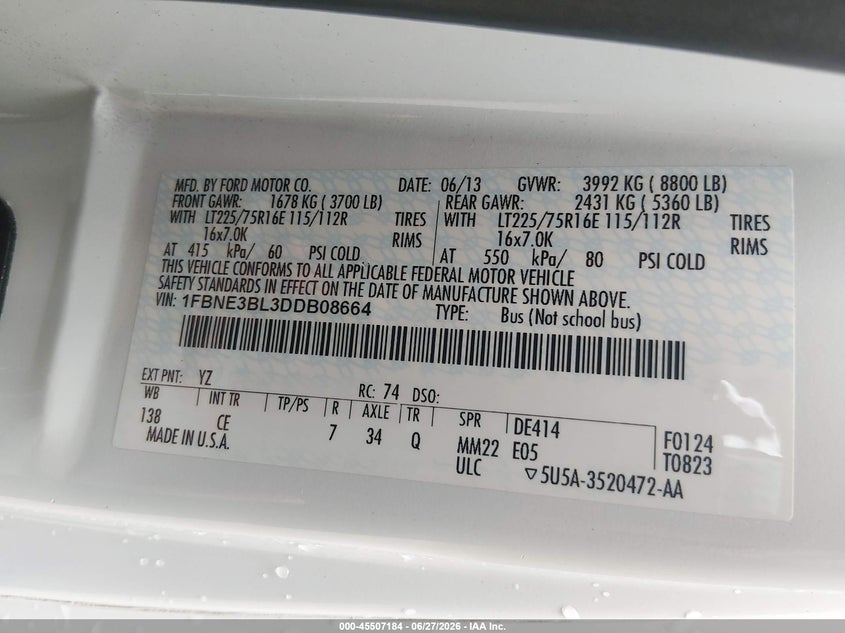 2013 Ford Econoline VIN 1FBNE3BL3DDB08664 IAAI salvage auction — UNKNOWN, Clear (New York), sold $6,500 on 2026-07-18 (photo 9)