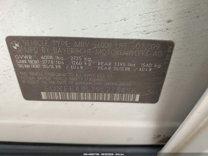 2009 BMW X5 VIN 5UXFE43579L273456 IAAI salvage auction — REAR END, Salvage (Ohio), sold $625 on 2026-07-13 (photo 9)