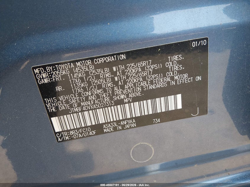 2010 Toyota Rav4 VIN JTMBF4DVXA5027313 IAAI salvage auction — NORMAL WEAR, Original (New Hampshire), sold $1,850 on 2026-07-08 (photo 9)