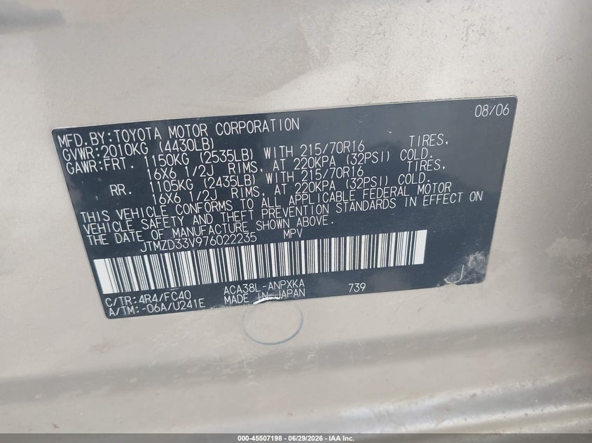 2007 Toyota Rav4 VIN JTMZD33V976022235 IAAI salvage auction — FRONT & REAR, Salvage (Iowa), sold $25 on 2026-07-28 (photo 9)