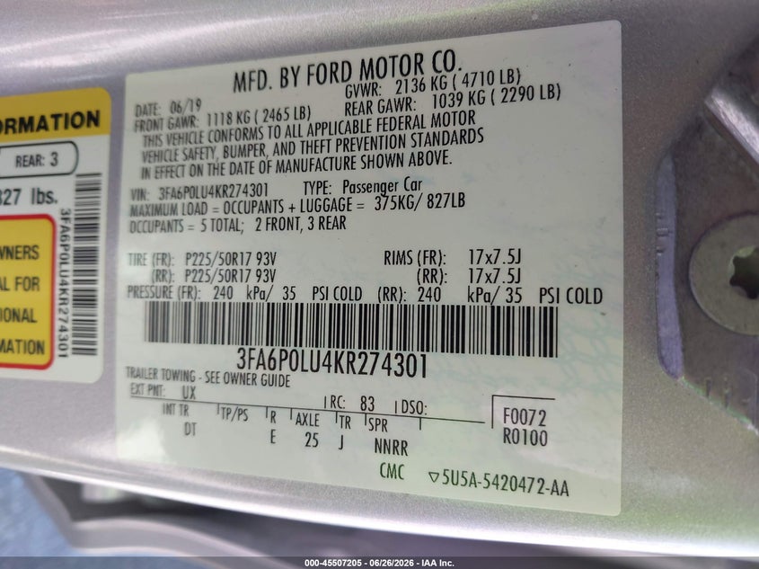 2019 Ford Fusion VIN 3FA6P0LU4KR274301 IAAI salvage auction — NORMAL WEAR, Sf97 (California), sold $8,050 on 2026-07-30 (photo 9)