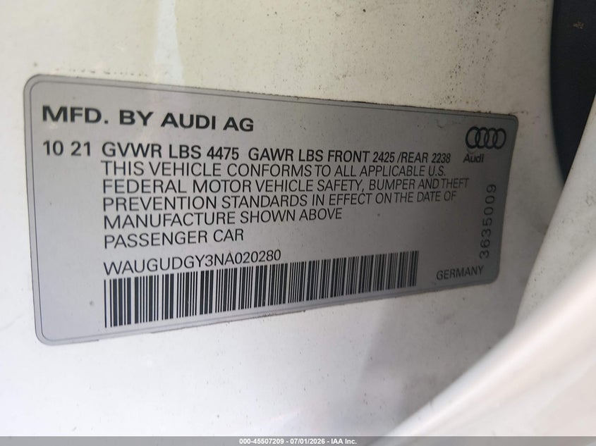 2022 Audi A3 VIN WAUGUDGY3NA020280 IAAI salvage auction — REAR END, Salvage (California), sold $10,450 on 2026-09-01 (photo 9)