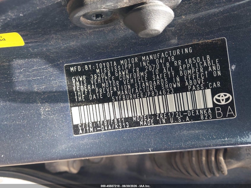 2018 Toyota Corolla VIN 5YFBURHE6JP834623 IAAI salvage auction — LEFT & RIGHT, Salvage (Texas), sold $3,050 on 2026-07-15 (photo 9)