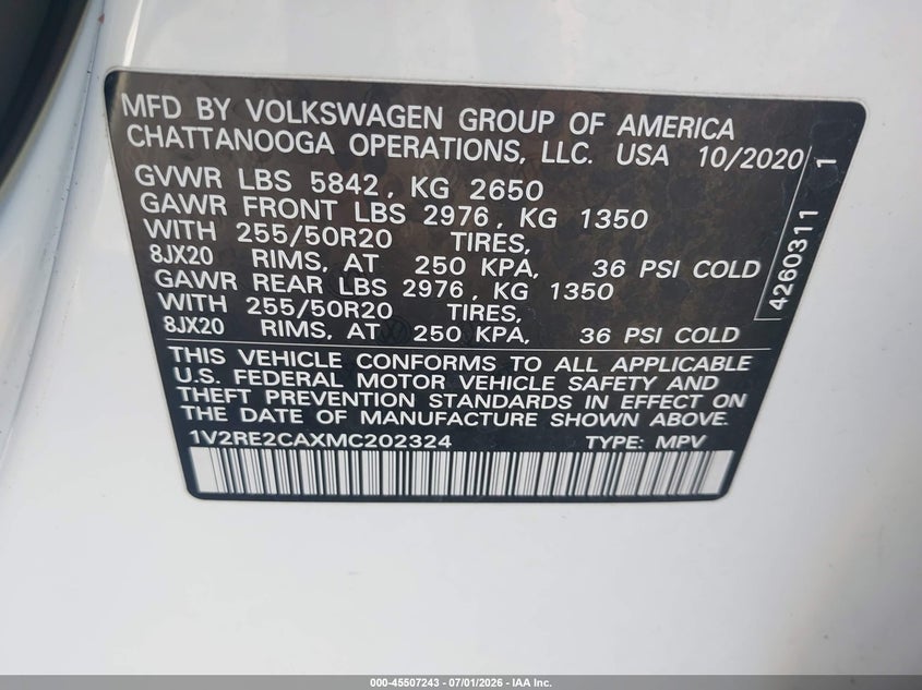 2021 Volkswagen Atlas cross sport VIN 1V2RE2CAXMC202324 IAAI salvage auction — RIGHT SIDE, Salvage Title, sold $7,275 on 2026-08-20 (photo 9)