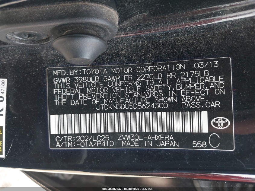 2013 Toyota Prius VIN JTDKN3DU5D5624300 IAAI salvage auction — REAR END, Clear (Indiana), sold $3,000 on 2026-07-26 (photo 9)