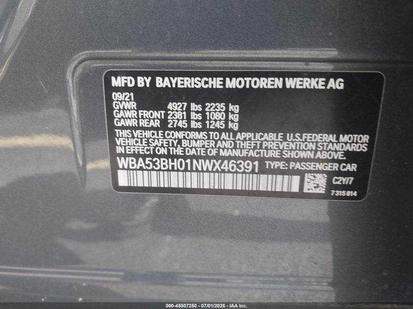 2022 BMW 5er VIN WBA53BH01NWX46391 IAAI salvage auction — FRONT END, Certificate Of Destruction (Florida), sold $10,400 on 2026-07-30 (photo 9)