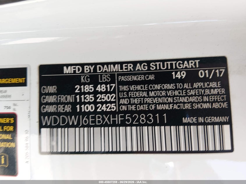 2017 Mercedes-benz VIN WDDWJ6EBXHF528311 IAAI salvage auction — FRONT END, Salvage Title, sold $2,200 on 2026-08-20 (photo 9)