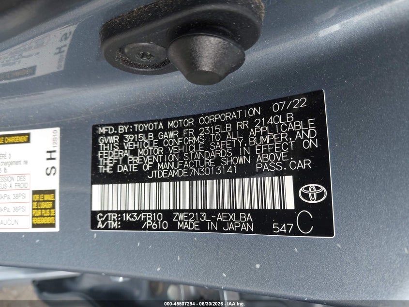 2022 Toyota Corolla VIN JTDEAMDE7N3013141 IAAI salvage auction — LEFT FRONT, Salvage Title, sold $6,150 on 2026-07-31 (photo 9)