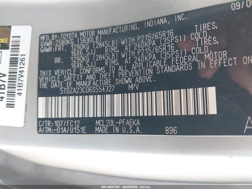 2006 Toyota Sienna VIN 5TDZA23C06S554327 IAAI salvage auction — REAR END, Salvage (Texas), sold $725 on 2026-07-30 (photo 9)