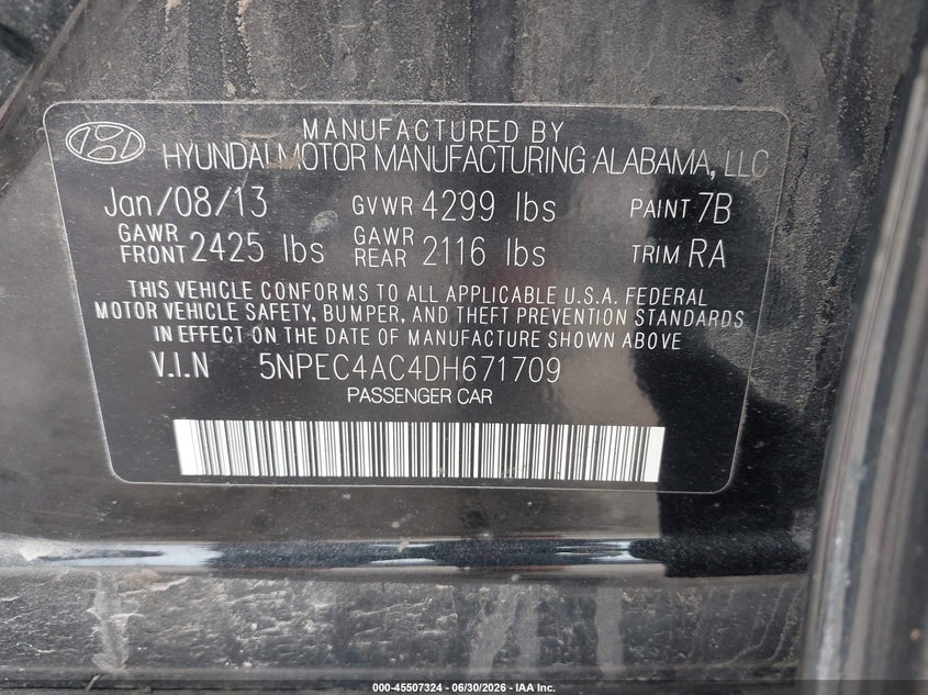 2013 Hyundai Sonata VIN 5NPEC4AC4DH671709 IAAI salvage auction — FRONT END, Mv-907A (New York), sold $425 on 2026-07-16 (photo 9)