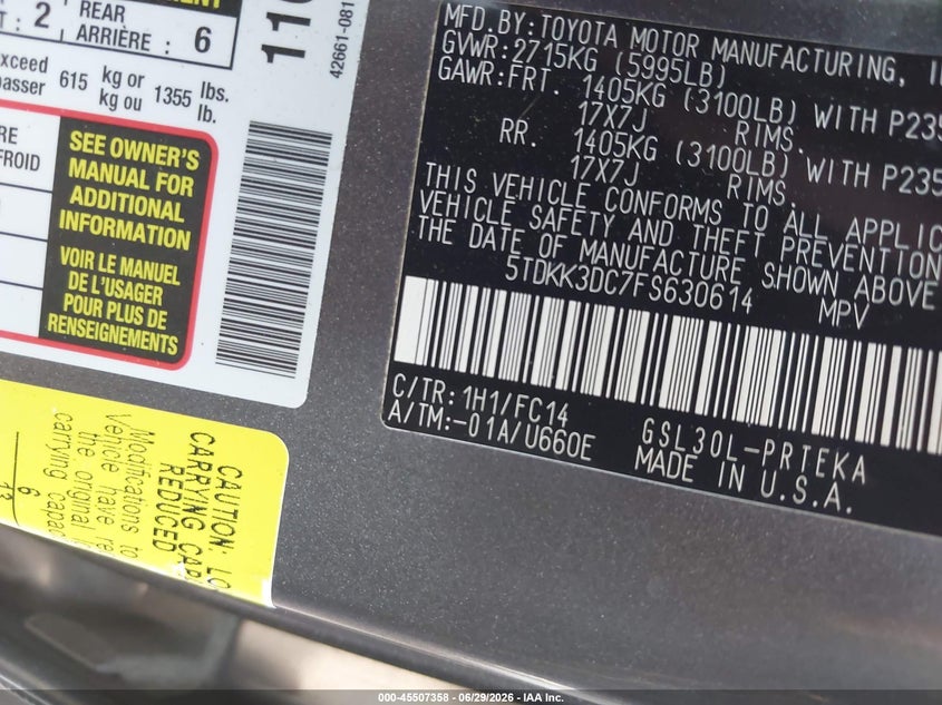 2015 Toyota Sienna VIN 5TDKK3DC7FS630614 IAAI salvage auction — NORMAL WEAR, Clear (New York), sold $2,475 on 2026-07-14 (photo 9)
