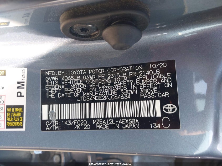2021 Toyota Corolla VIN JTDS4MCE2MJ064634 IAAI salvage auction — FRONT END, Salvage (Virginia), sold $3,000 on 2026-08-01 (photo 9)