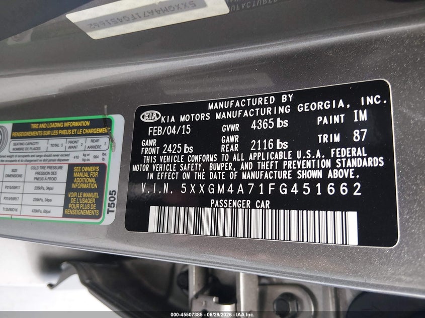 2015 Kia Optima VIN 5XXGM4A71FG451662 IAAI salvage auction — NORMAL WEAR, Clear (Florida), sold $725 on 2026-07-15 (photo 9)