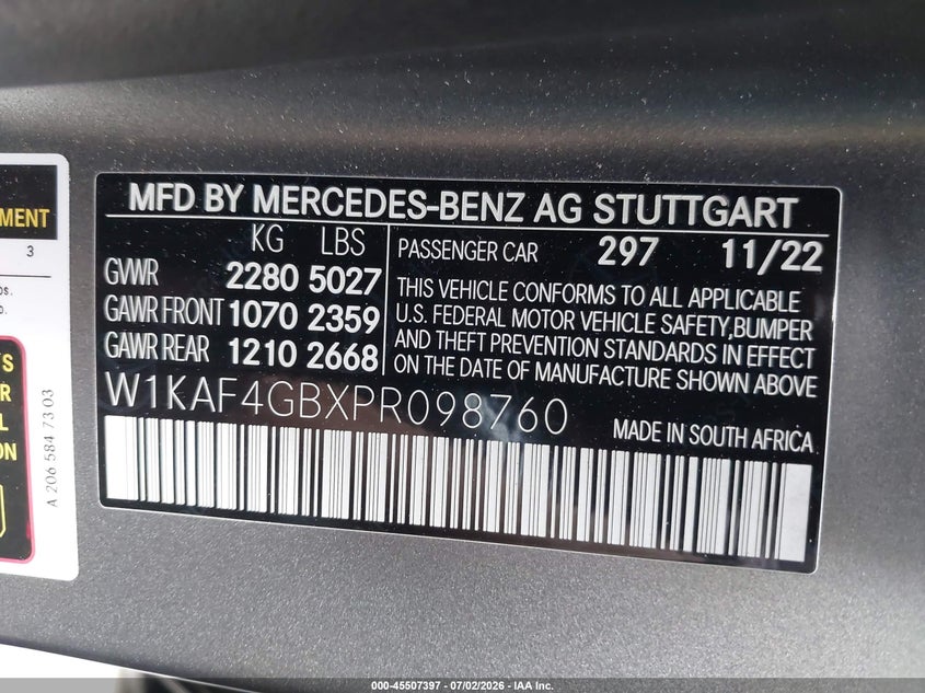 2023 Mercedes-benz C-klasse VIN W1KAF4GBXPR098760 IAAI salvage auction — FRONT END, Salvage Certificate (California), sold $13,500 on 2026-07-31 (photo 9)