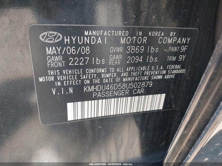 2008 Hyundai Elantra VIN KMHDU46D58U502879 IAAI salvage auction — NORMAL WEAR, Clear (New York), sold $125 on 2026-07-08 (photo 9)