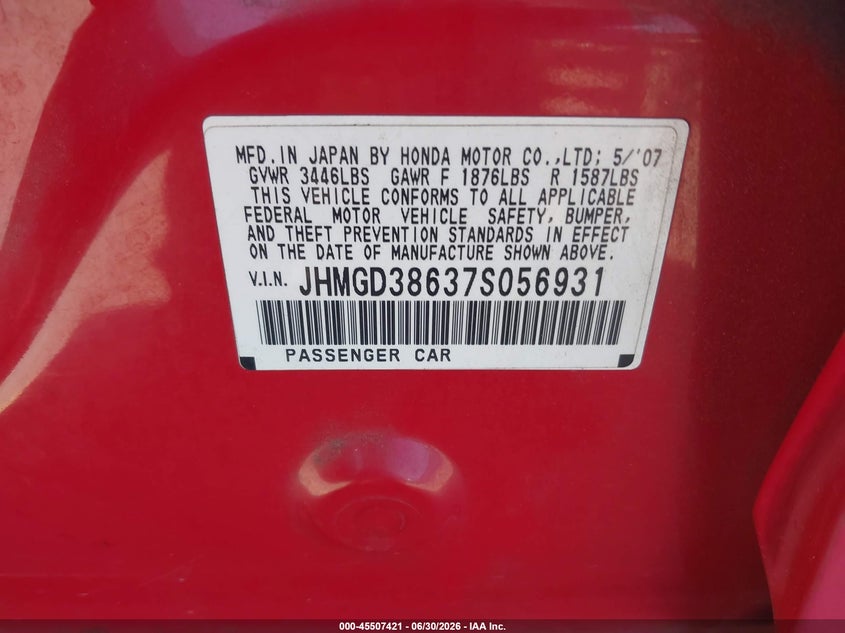 2007 Honda Fit VIN JHMGD38637S056931 IAAI salvage auction — REAR END, Salvage (California), sold $2,050 on 2026-07-13 (photo 9)