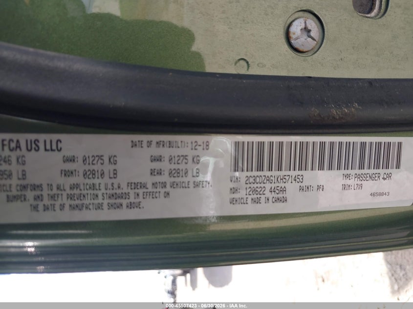 2019 Dodge Challenger VIN 2C3CDZAG1KH571453 IAAI salvage auction — FRONT END, Original (Texas), sold $5,100 on 2026-07-29 (photo 9)