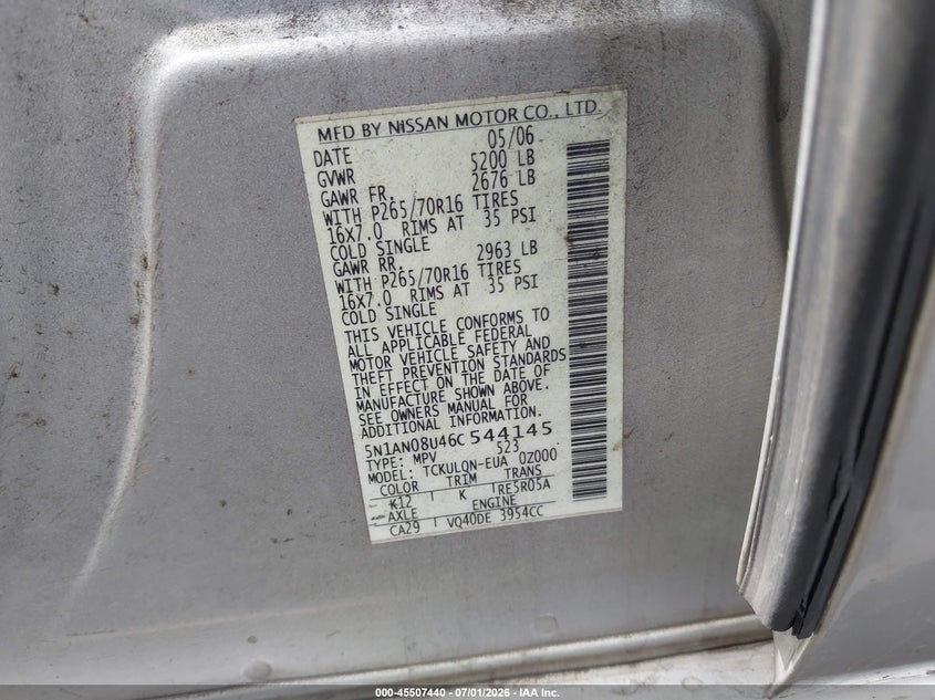 2006 Nissan Xterra VIN 5N1AN08U46C544145 IAAI salvage auction — SIDE, Salvage Certificate (California), sold $725 on 2026-08-02 (photo 9)