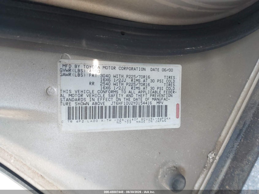 2000 Lexus Rx 300 VIN JT6HF10U2Y0154416 IAAI salvage auction — NORMAL WEAR, Parts Only - Bill Of Sale (North Carolina), sold $175 on 2026-07-23 (photo 9)