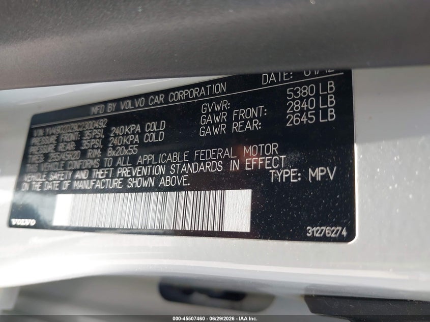 2012 Volvo Xc60 VIN YV4902DZ9C2300492 IAAI salvage auction — FRONT END, Wait Title, sold $625 on 2026-08-18 (photo 9)