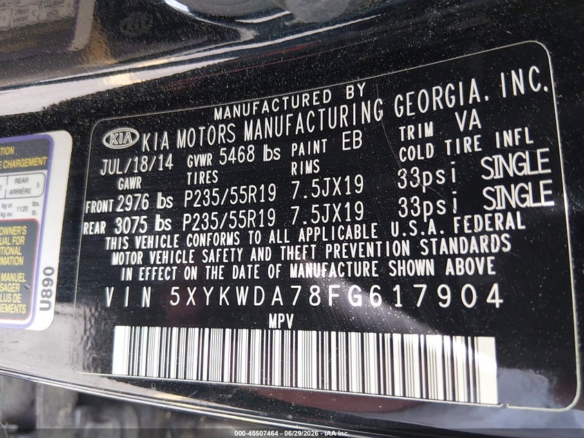 2015 Kia Sorento VIN 5XYKWDA78FG617904 IAAI salvage auction — NORMAL WEAR, Clear (New York), sold $2,000 on 2026-07-15 (photo 9)