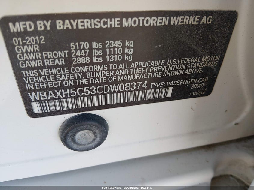 2012 BMW 5er VIN WBAXH5C53CDW08374 IAAI salvage auction — HAIL, Salvage Title, sold $1,250 on 2026-07-24 (photo 9)