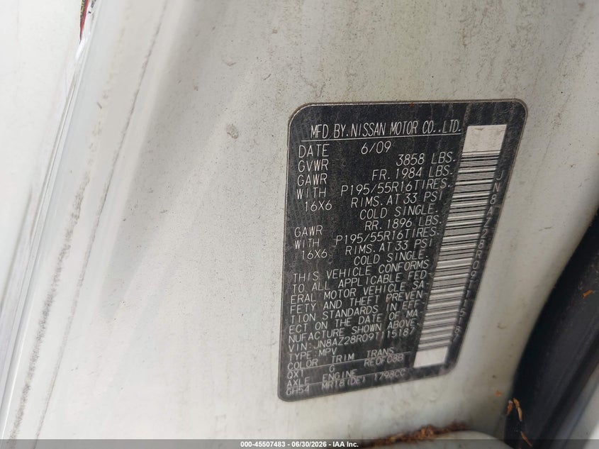 2009 Nissan Cube VIN JN8AZ28R09T115187 IAAI salvage auction — NORMAL WEAR, Clear (Illinois), sold $350 on 2026-07-08 (photo 9)