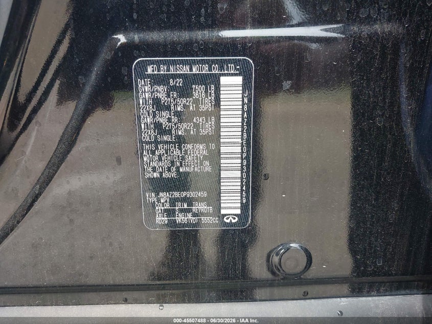 2023 Infiniti Qx80 VIN JN8AZ2BE0P9302459 IAAI salvage auction — FRONT END, Clear Claim Paid (Wisconsin), sold $16,500 on 2026-08-06 (photo 9)