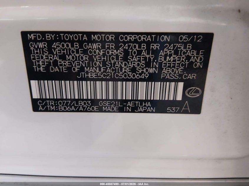 2012 Lexus Is VIN JTHBE5C21C5030649 IAAI salvage auction — REAR END, Salvage (Tennessee), sold $2,600 on 2026-07-29 (photo 9)