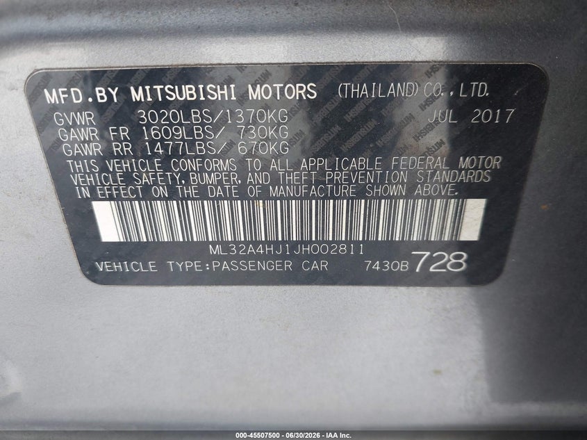 2018 Mitsubishi Mirage VIN ML32A4HJ1JH002811 IAAI salvage auction — REAR END, Salvage (California), sold $1,325 on 2026-07-15 (photo 9)