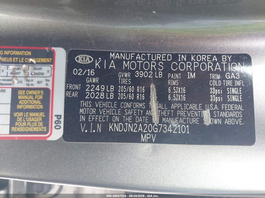 2016 Kia Soul VIN KNDJN2A20G7342101 IAAI salvage auction — NORMAL WEAR, Clear - Dealer Only (California), sold $1,175 on 2026-07-29 (photo 9)