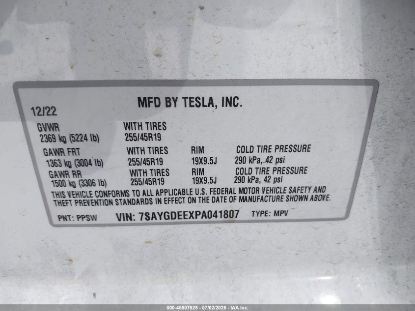 2023 Tesla Model y VIN 7SAYGDEEXPA041807 IAAI salvage auction — FRONT END, Salvage (California), sold $12,000 on 2026-08-02 (photo 9)
