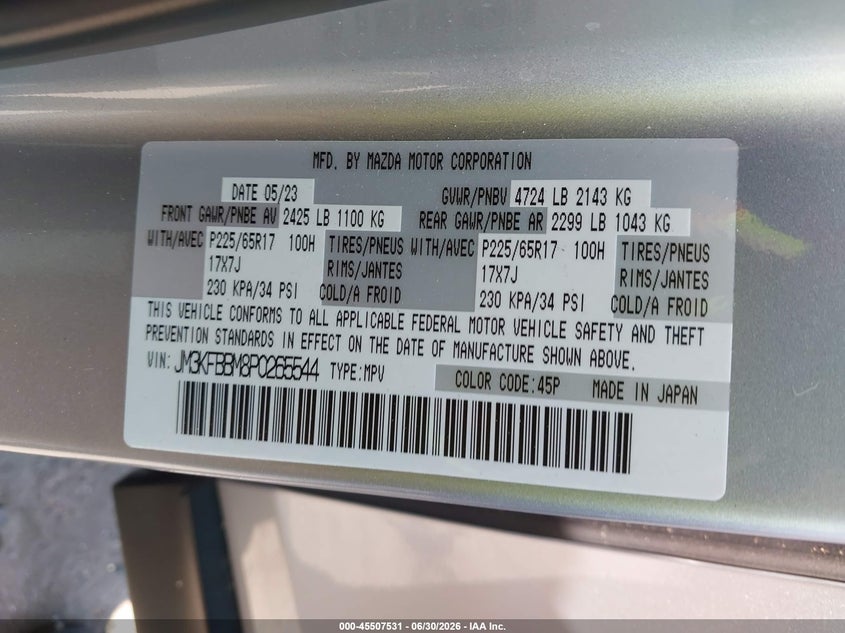 2023 Mazda Cx-5 VIN JM3KFBBM8P0265544 IAAI salvage auction — RIGHT REAR, Mv-907A (New York), sold $50 on 2026-07-21 (photo 9)