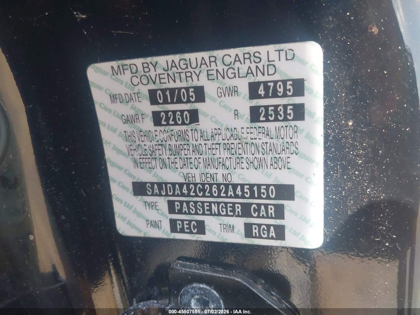 2006 Jaguar Xk series VIN SAJDA42C262A45150 IAAI salvage auction — NORMAL WEAR, Clear (New York), sold $425 on 2026-07-28 (photo 9)