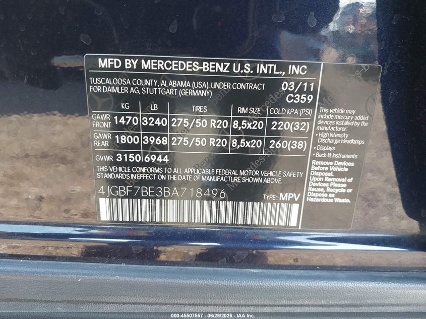 2011 Mercedes-benz Gl-class VIN 4JGBF7BE3BA718496 IAAI salvage auction — NORMAL WEAR, Clear - Dealer Only (California), sold $125 on 2026-07-11 (photo 9)