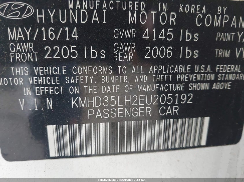 2014 Hyundai Elantra VIN KMHD35LH2EU205192 IAAI salvage auction — FRONT END, Salvage Title, sold $875 on 2026-07-15 (photo 9)