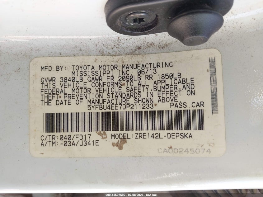 2013 Toyota Corolla VIN 5YFBU4EE7DP211233 IAAI salvage auction — LEFT FRONT, Salvage Title, sold $2,050 on 2026-07-29 (photo 9)