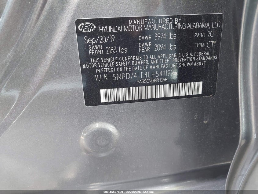 2020 Hyundai Elantra VIN 5NPD74LF4LH541192 IAAI salvage auction — FRONT END, Salvage Title, sold $1,800 on 2026-07-25 (photo 9)
