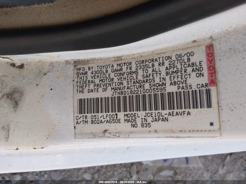 2001 Lexus Is 300 VIN JTHBD182210005595 IAAI salvage auction — NORMAL WEAR, Clear (Tennessee), sold $1,050 on 2026-07-09 (photo 9)