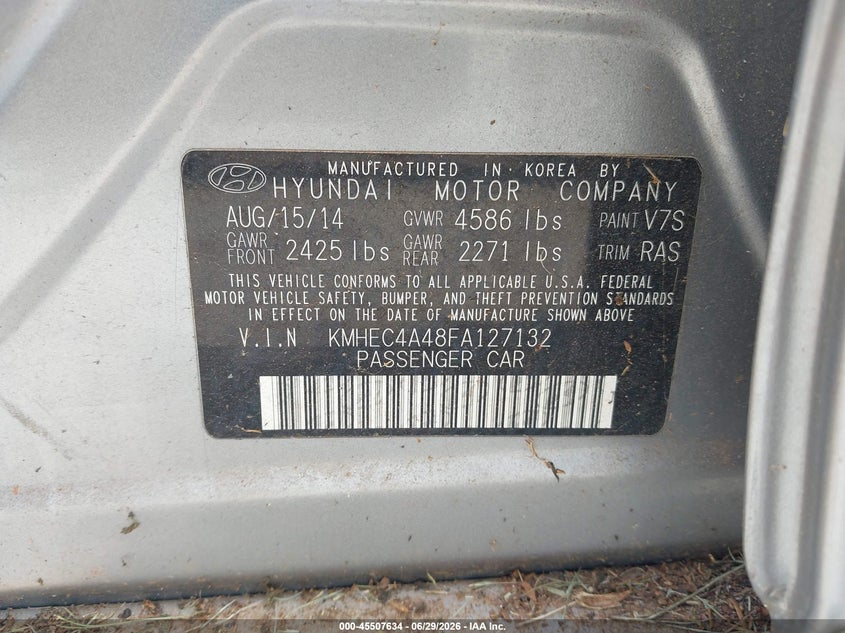 2015 Hyundai Sonata VIN KMHEC4A48FA127132 IAAI salvage auction — NORMAL WEAR, Clear (Georgia), sold $1,800 on 2026-07-29 (photo 9)