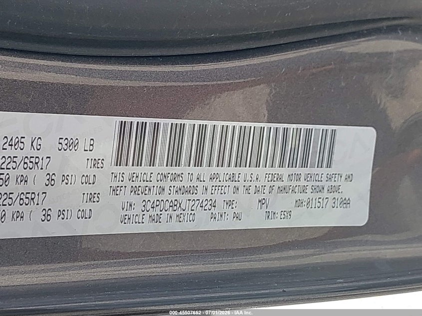 2018 Dodge Journey VIN 3C4PDCABXJT274234 IAAI salvage auction — FRONT END, Clear (Indiana), sold $700 on 2026-08-01 (photo 9)