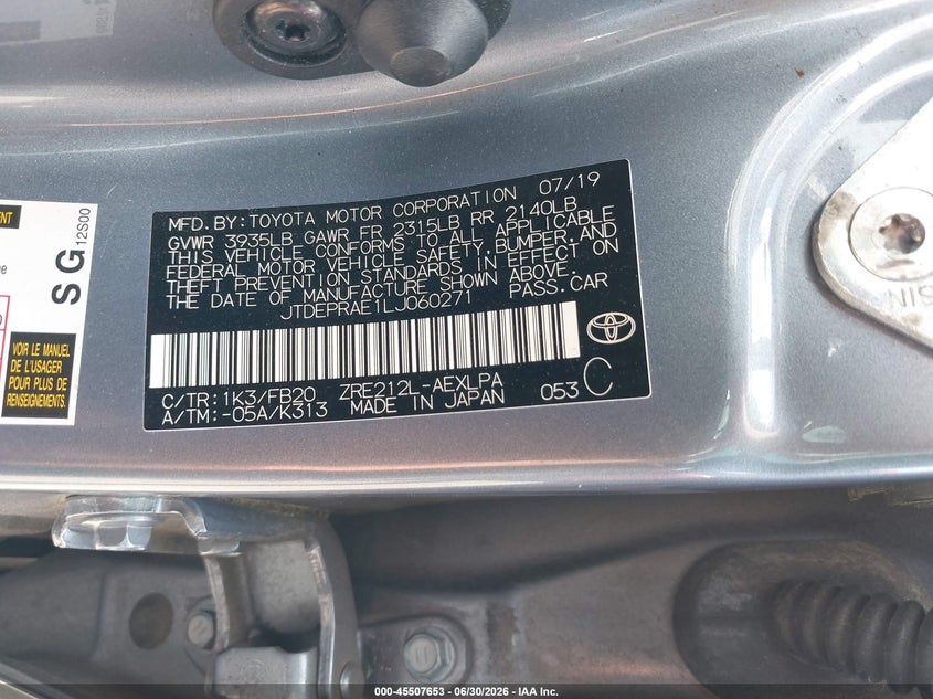 2020 Toyota Corolla VIN JTDEPRAE1LJ060271 IAAI salvage auction — RIGHT SIDE, Salvage (Georgia), sold $25 on 2026-07-29 (photo 9)