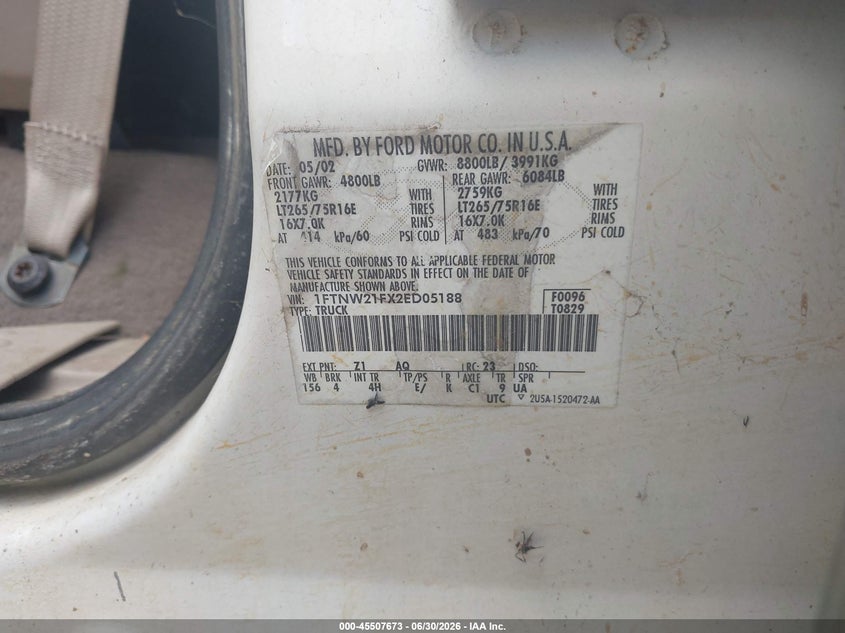 2002 Ford F-250 VIN 1FTNW21FX2ED05188 IAAI salvage auction — NORMAL WEAR, Original (Texas), sold $575 on 2026-07-09 (photo 9)