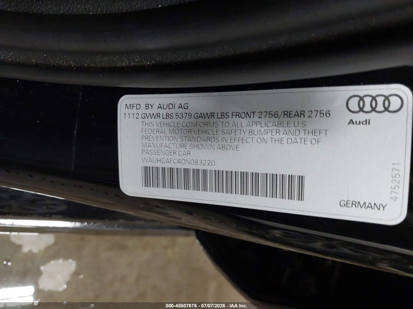 2013 Audi A6 VIN WAUHGAFC4DN083220 IAAI salvage auction — FRONT END, Salvage (Idaho), sold $2,425 on 2026-07-31 (photo 9)